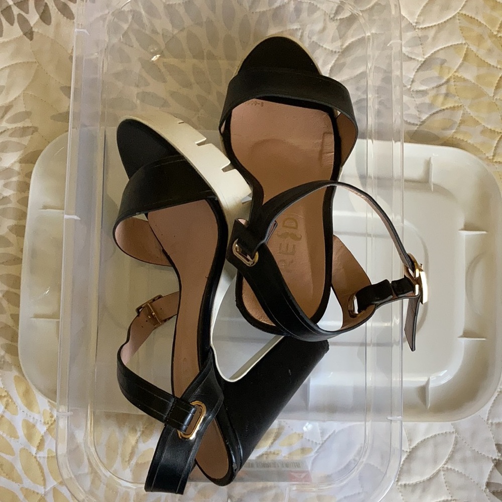 Fred leather black & white platforms sandals. Worn with TLC. Plastic shoe box.